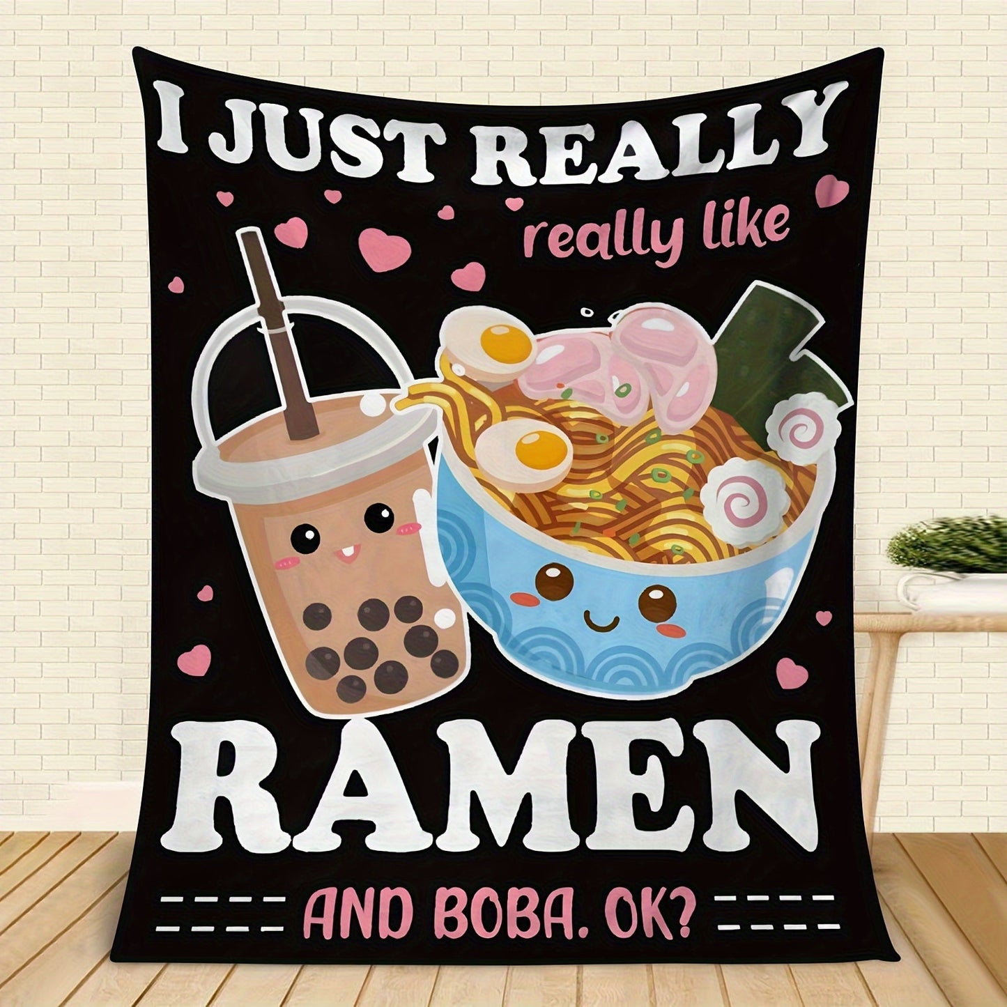 One Ramen and Boba themed blanket perfect for staying cozy in any setting. Use it as a throw blanket, air conditioning blanket, gift blanket, or nap blanket for your couch, sofa, office, bed, camping, or travel. This multi-purpose blanket is suitable for