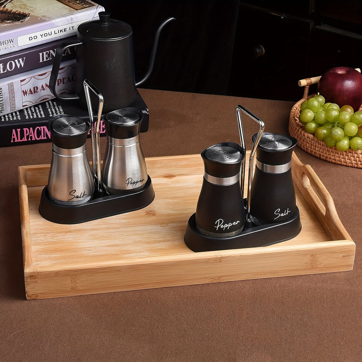 Salt and pepper shakers set with stainless steel bracket and electroplated handle, perfect for table, RV, camp, or BBQ.