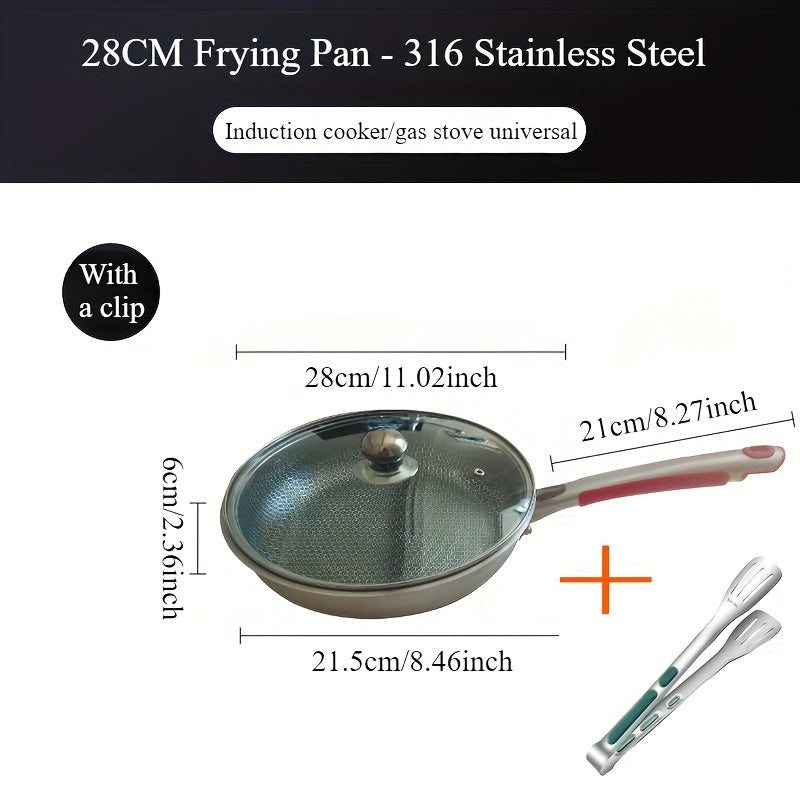 One-piece frying pan made of durable 316 stainless steel, featuring a honeycomb pattern that resists scratches and ensures non-stick cooking. Provides even heat distribution with minimal oil and smoke. Compatible with all stovetops and comes with a lid.