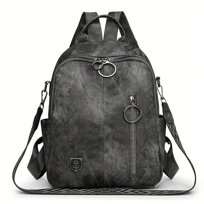 Women's faux leather backpack with adjustable straps, solid color, zipper closure, polyester lined, edge painted - occasion-ready.