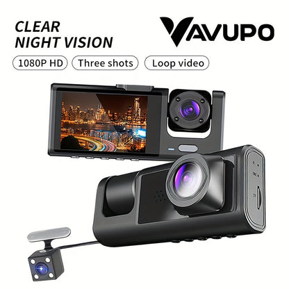 Vavupo 3-Channel Dash Cam with IR Night Vision - 1080P HD, Front & Rear Recording, Loop Playback, 5.08cm IPS Display, Wide Angle Lens, USB Powered