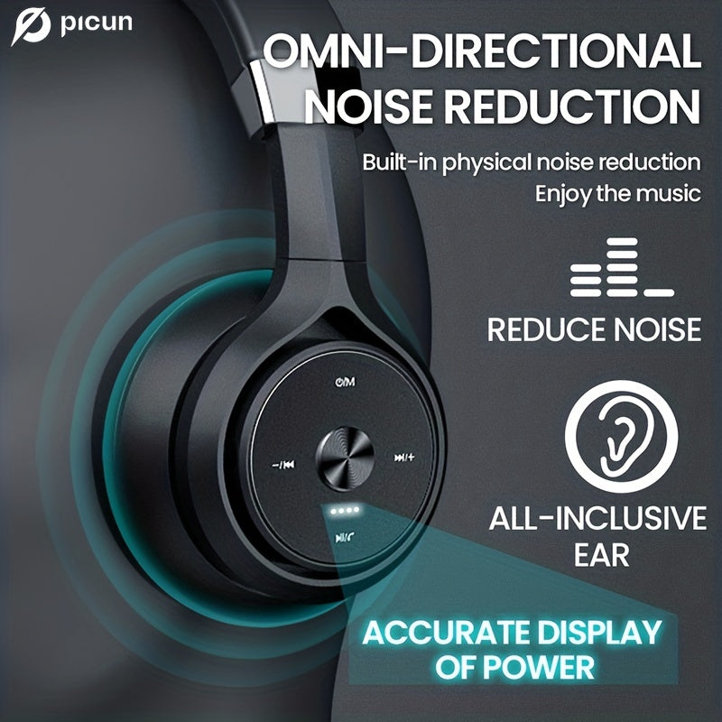 Picun P28X BT Over Ear Headphones with 30H Playtime, EQ Music Modes, Wireless, Microphone, HiFi Stereo, Foldable Lightweight Headset, Deep Bass for Home Office Cellphone PC, Dual Moving