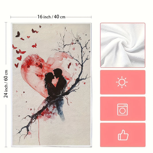 Set of 2 Ultra Soft Kitchen Towels featuring Romantic Heart & Butterfly Design for Valentine's Day, Made with Highly Absorbent Polyester for Dish Drying, Easy to Clean in the Washing Machine, Size 40.64x60.96 cm - Ideal for Holiday Decor and Everyday Use