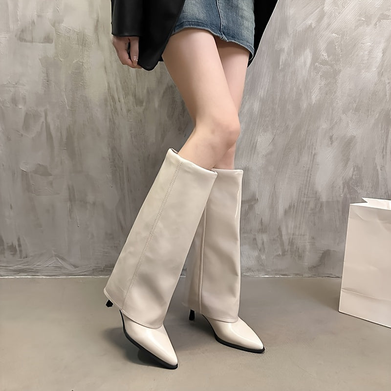 Stylish mid-calf stiletto boots for women in black, cream, and brown. Comfortable PU cover with rubber sole, perfect for daily wear and travel.