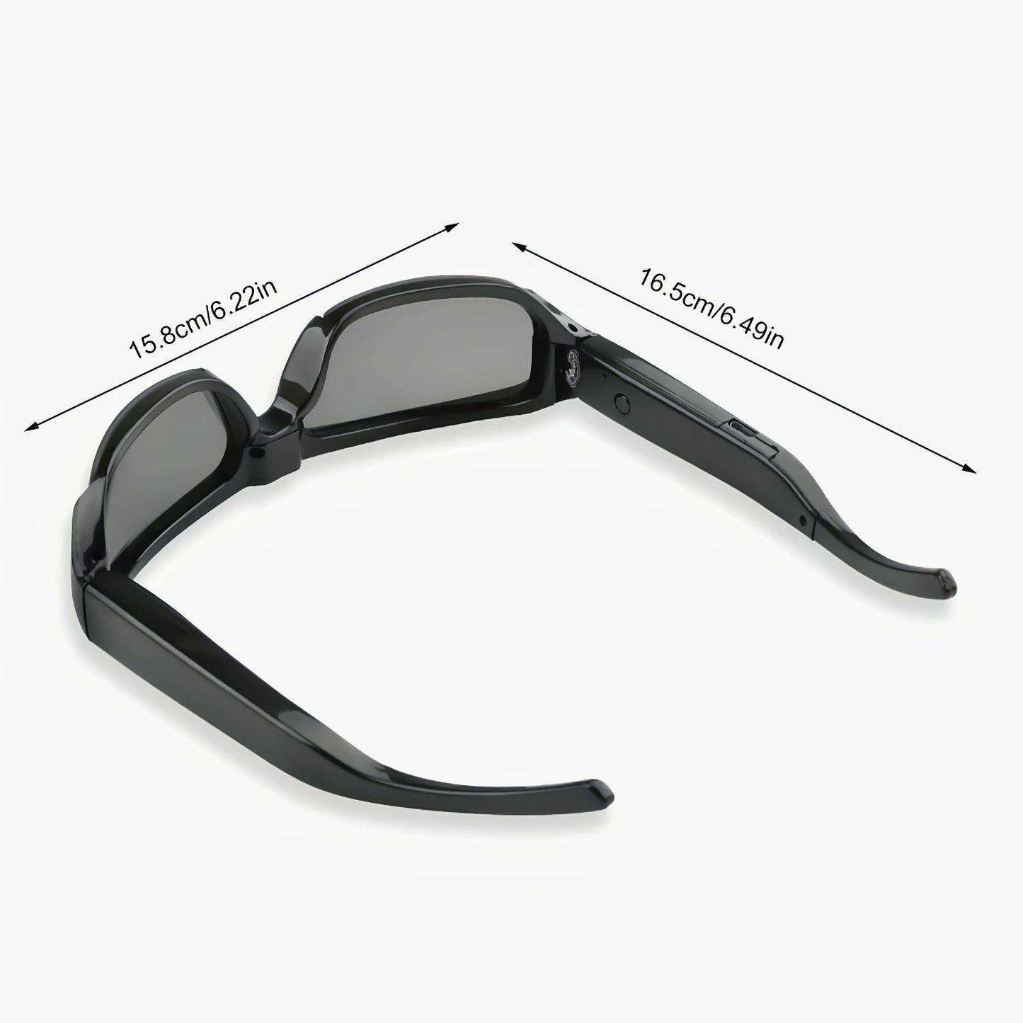 HD video glasses for sports & meetings, 1080P, 90-min battery, 75° wide angle, 64GB memory card included.