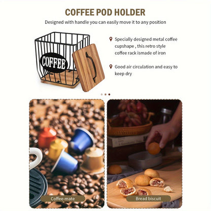 Stylish Black Wire and Wood Coffee Pod Holder with Lid - Holds Plenty of K-Cups, Tea Bags & More - Great for Home or Office Counter Organization