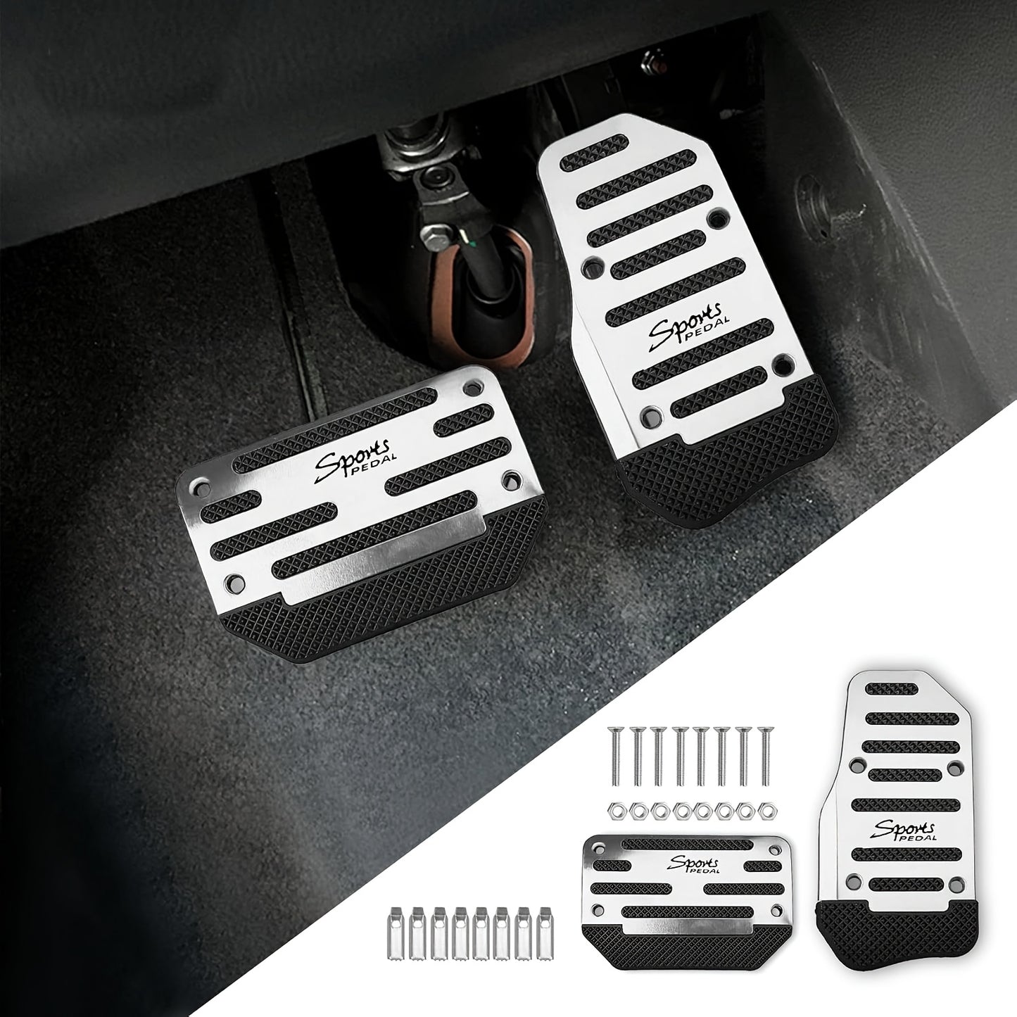 Car pedal pad set includes 2 pieces for automatic transmission with non-slip alloy covers for brake, gas, and clutch pedals. Great for cars, SUVs, and ATVs.