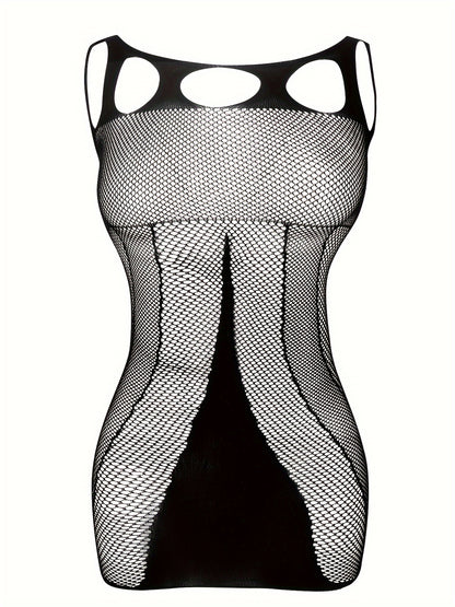 Sexy lace mesh fishnet teddy with spaghetti straps, bodycon dress with jacquard pattern and drawstring detail, made of nylon knit fabric, adult apparel.