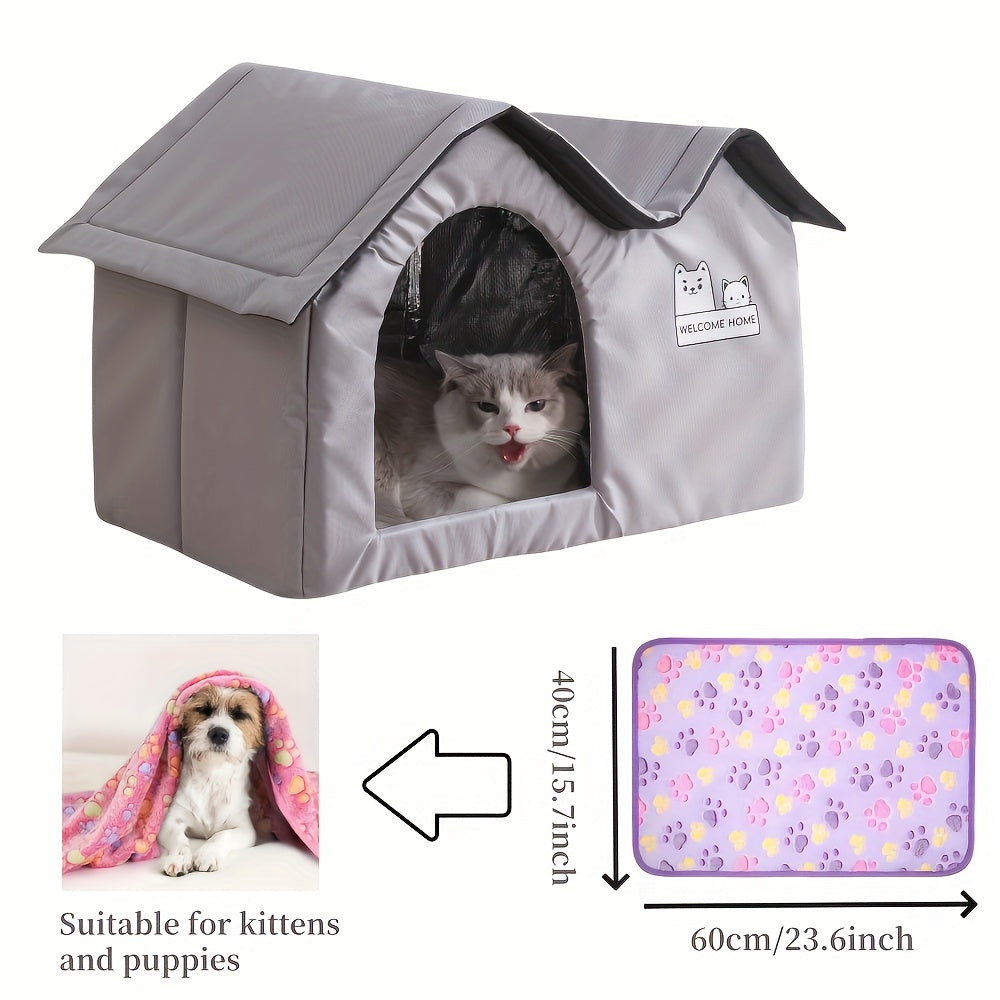 All-weather cat house with removable mat and paw print blanket, perfect for indoor or outdoor use.