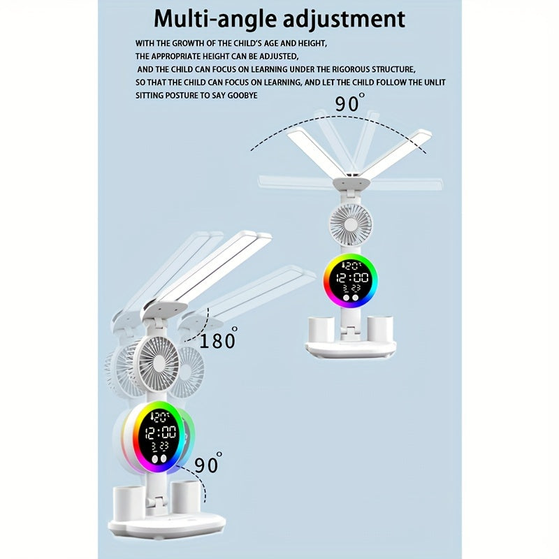 LED fan plug-in lamp with dual head lighting and radio, ideal for studying in college dorms or bedrooms. No battery required.