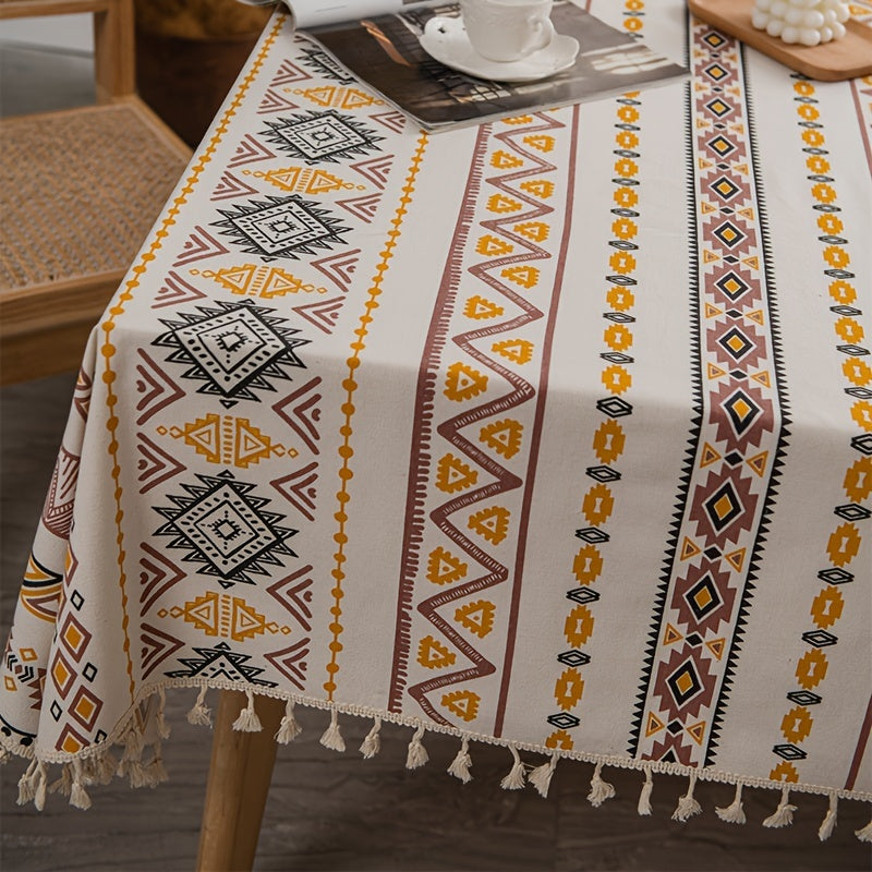 Boho style rectangular tablecloth with tassels - waterproof and oil proof for home decor.