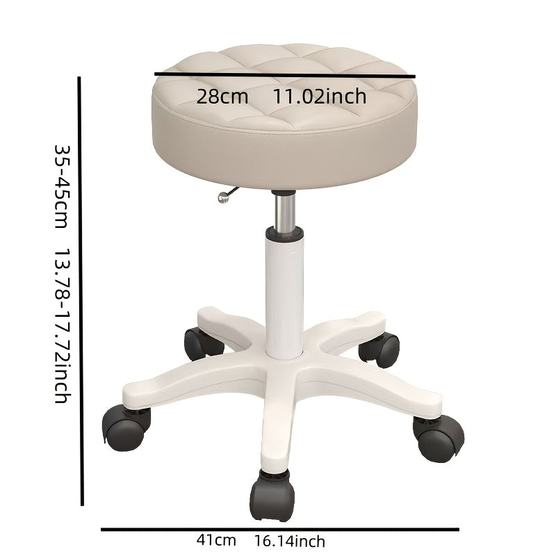 Black adjustable rolling stool with quilted plastic seat, height adjustment, perfect for salon professionals.