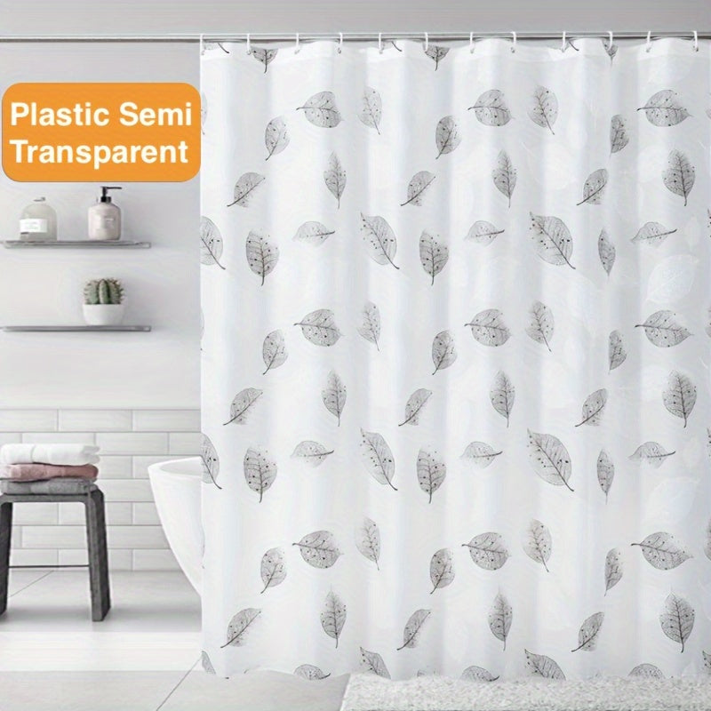 Lightweight plastic shower curtain with hooks and metal grommets, suitable for bathroom and window decoration.