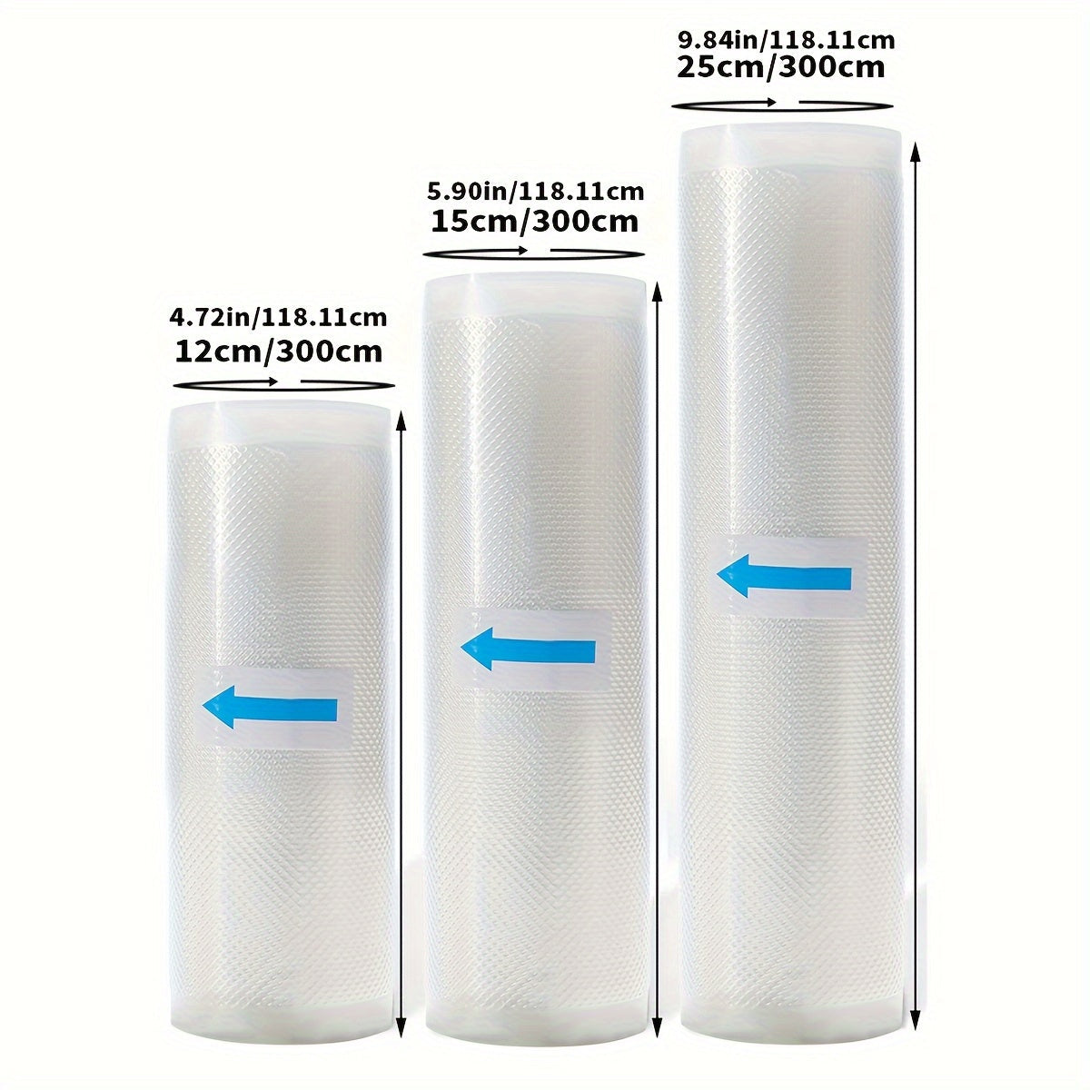 Three variations of vacuum-sealed bag rolls measuring 3 meters in size, suitable for food storage. These bags are bisphenol A-free and feature a seven-layer co-extruded diamond patterned design. They can be used for vacuum preservation and food packaging.