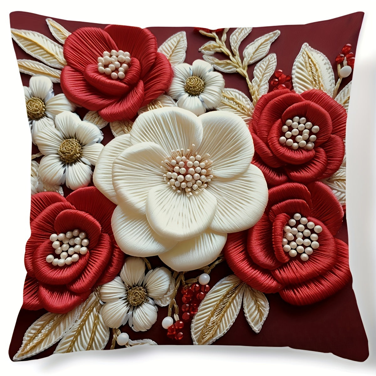 Soft & Cozy 3D Floral Print Red and White Plush Throw Pillow Cover, 44.96cm x 44.96cm with Zip Closure - Ideal for Home, Office, and Car Décor.