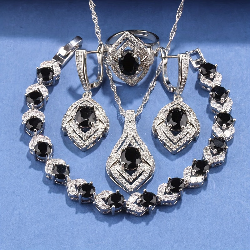 5-Piece Jewelry Set for Women featuring Synthetic Gemstones in Silver Plating - Includes Necklace, Earrings, Pendant, Ring, and Bracelet - Perfect for Weddings, Parties, or as a Halloween Accessory - Elegant and Classic Design with Copper Zirconia Mosaic.