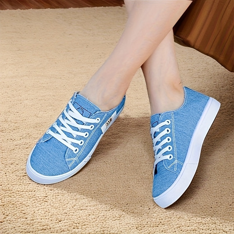 1 pair of women's casual canvas sneakers with round toe, lace-up design, lightweight rubber sole, and fabric insole.