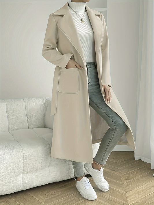 Solid color belted overcoat, stylish collar, long sleeves, mid-length for fall & winter, women's outerwear.