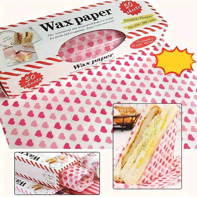 50 pieces of wax paper sheets with a heart pattern design, perfect for wrapping food items such as bread, sandwiches, and burgers. These sheets are greaseproof and waterproof, made with non-stick beeswax material. Ideal for baking, gift wrapping, and