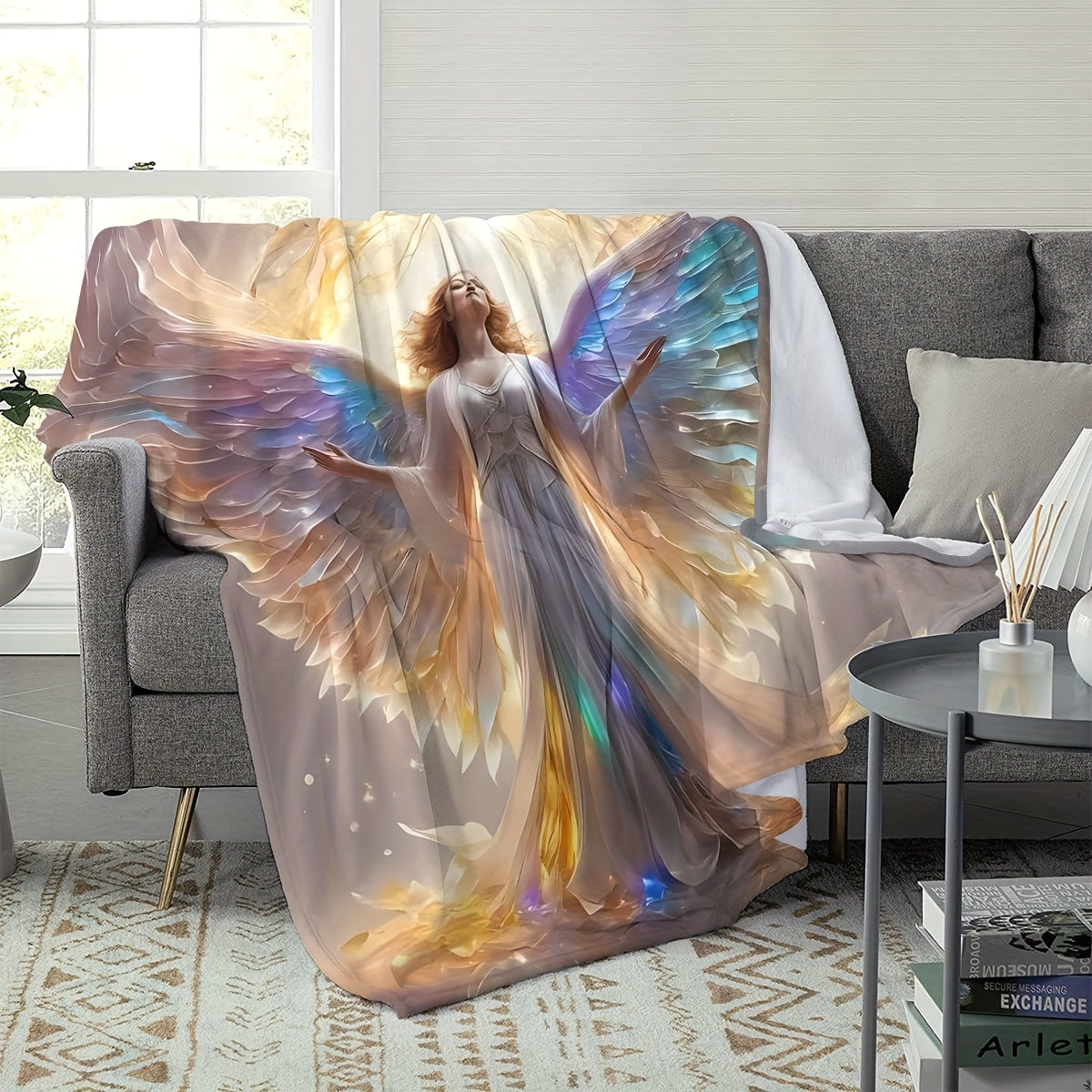 Stay cozy with our 3D printed angel flannel blanket! This soft and warm polyester throw is perfect for all seasons and is allergen-free. Featuring a vintage style with a knitted design, this blanket is handwash only and weighs 200-250g. It comes in mixed