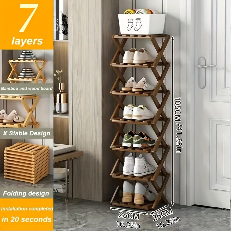 This foldable shoe rack, constructed from bamboo and requiring no installation, offers a customizable design with 5 to 9 layers to choose from. Available in two colors, this space-saving option is perfect for the limited area near the family's entrance.