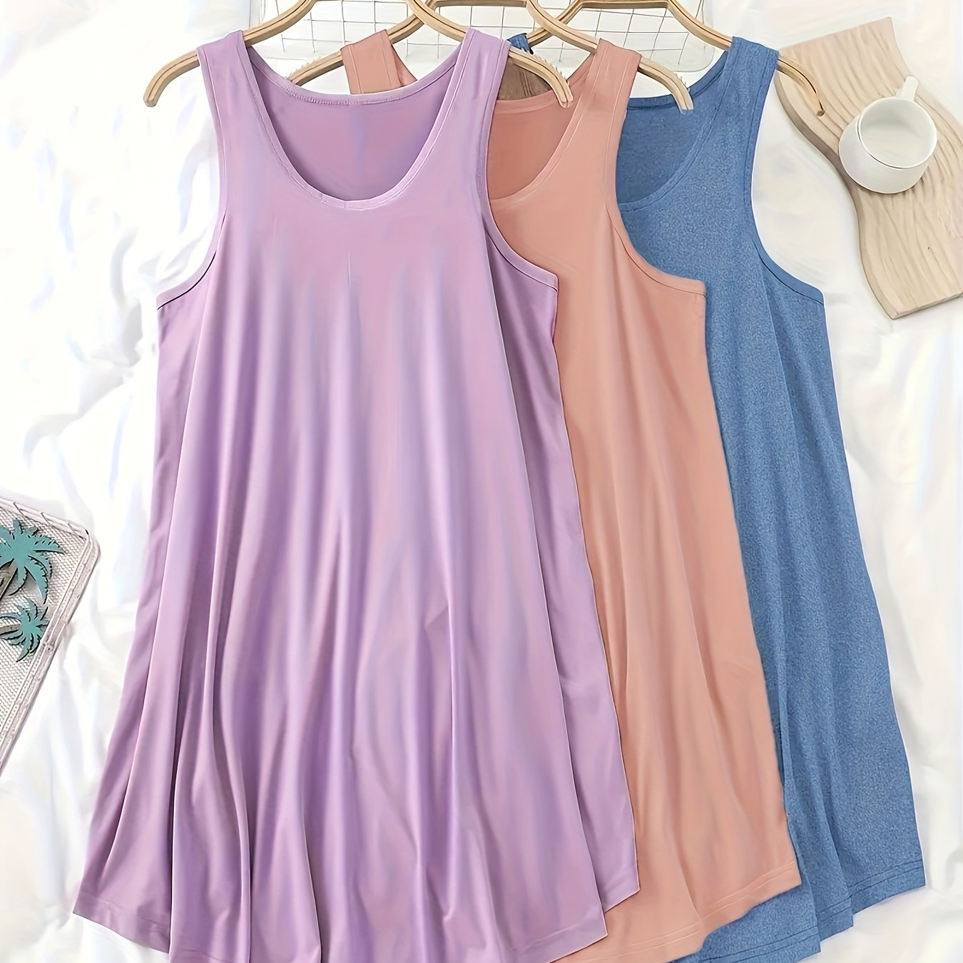 3-piece plus size sleeveless casual sleep dress set for women in spring/summer collection with round neck tank nightgowns