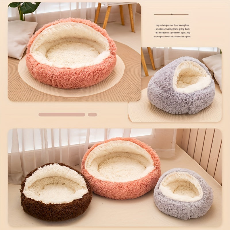 Plush long-haired small animal bed with detachable cover. Round, fluffy and comfortable for cats and dogs. Keeps pets warm in winter, improves sleep quality. Non-slip and foldable support