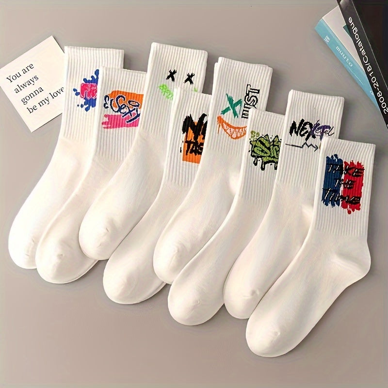 Five pairs of black and white graffiti mid-calf sports socks for men and women.