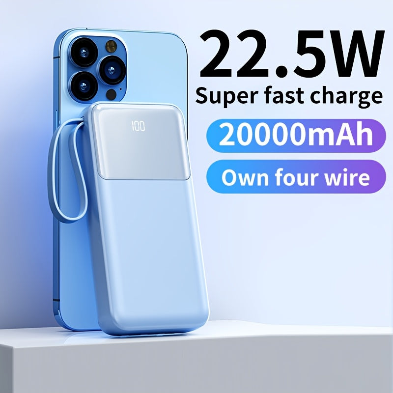 20000mAh Portable Power Bank with fast PD20W charging, 4 built-in charging cables, LED power display, lanyard. Suitable for iPhone/Android and other devices. Ideal for emergencies.