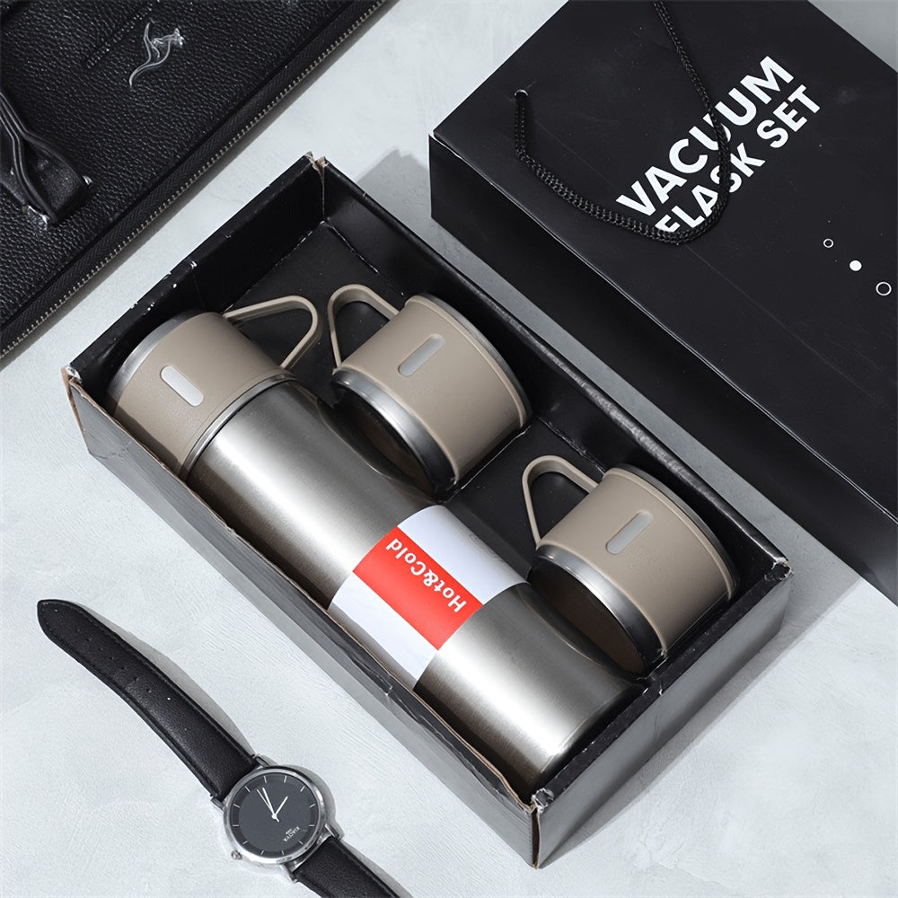 Gift-ready Stainless Steel Vacuum Insulated Water Bottle Set with 3 Cup Lids. This 500ml Travel Thermal Mug keeps drinks hot or cold for hours, making it ideal for both summer and winter use. The set is food contact safe, making it a perfect gift option.