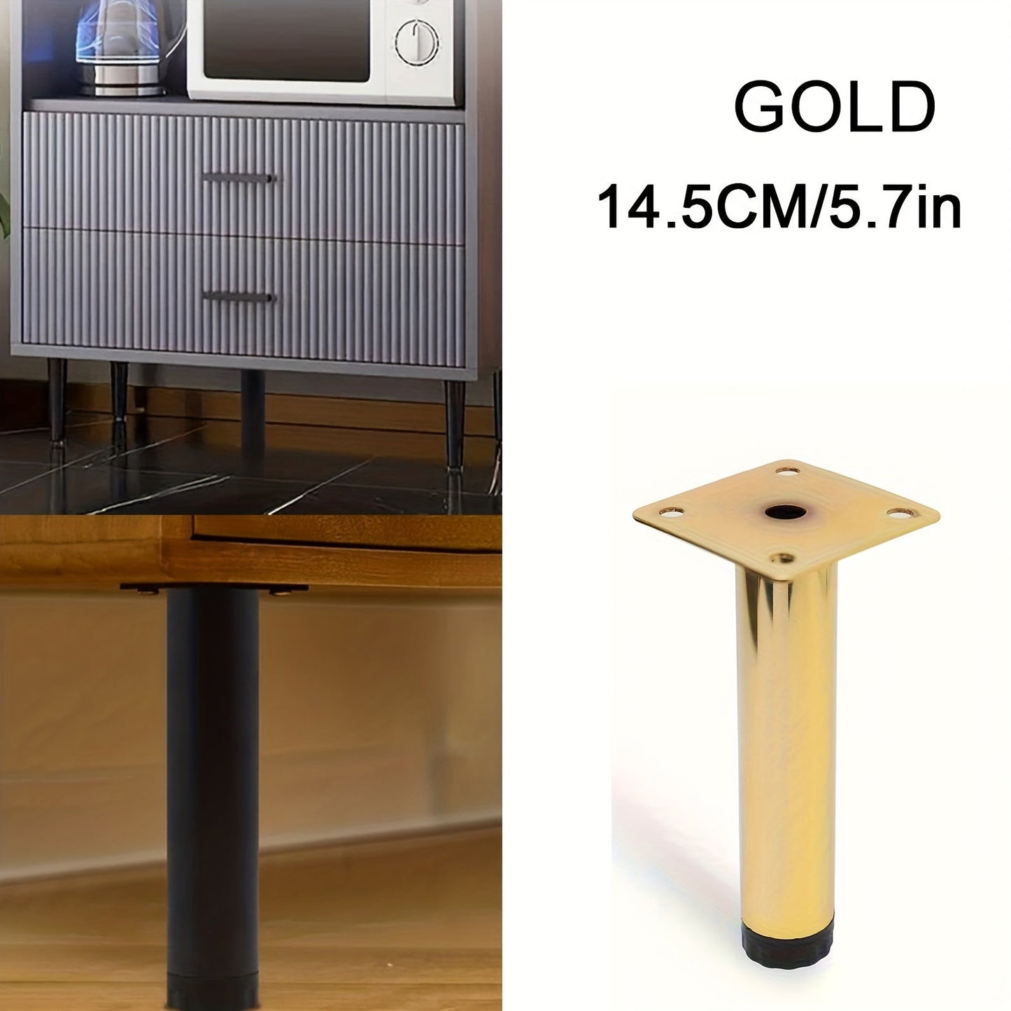 Golden adjustable steel furniture legs - 1 piece, ideal for sofas, TV stands, and coffee tables.