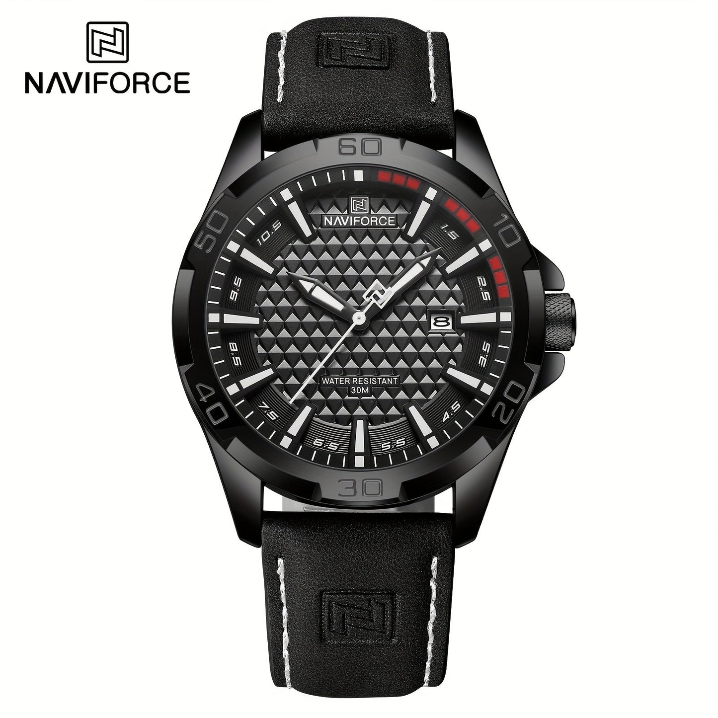 NAVIFORCE Men's Quartz Watch NF8023 features a casual style with a round alloy case and genuine leather strap. The watch also boasts a carbon fiber dial, 3ATM water resistance, and is powered by a battery-powered electronic movement.