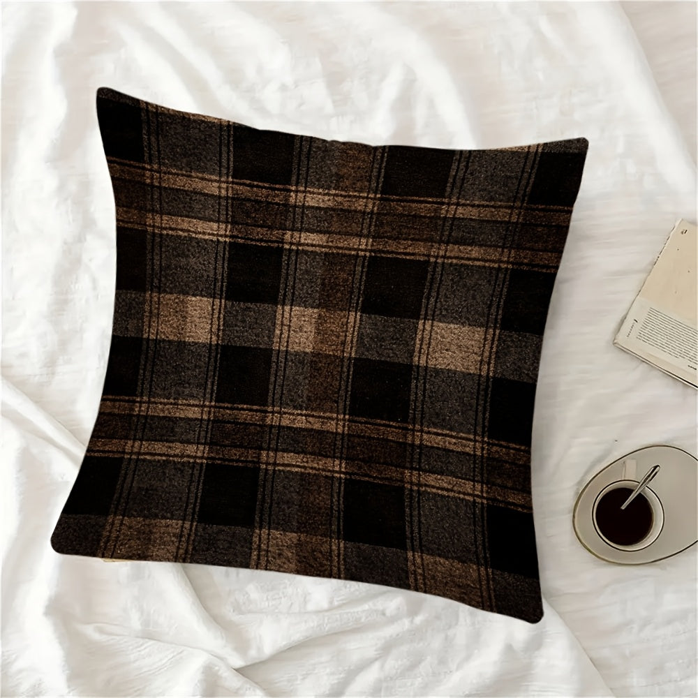 Stylish Dark Brown Plaid Pillow Cover featuring Two Designs - Convenient Hidden Zipper, Easy-to-Clean Polyester Fabric - Ideal for Adding Charm to Your Sofa, Office Chair, or Farmhouse Theme.