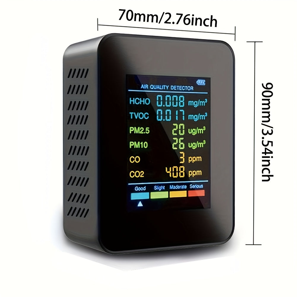 Air quality detector with 6 detection functions: Carbon Dioxide, PM2.5, PM10, HCHO, TVOC, CO. LCD display with Carbon Dioxide sensor.