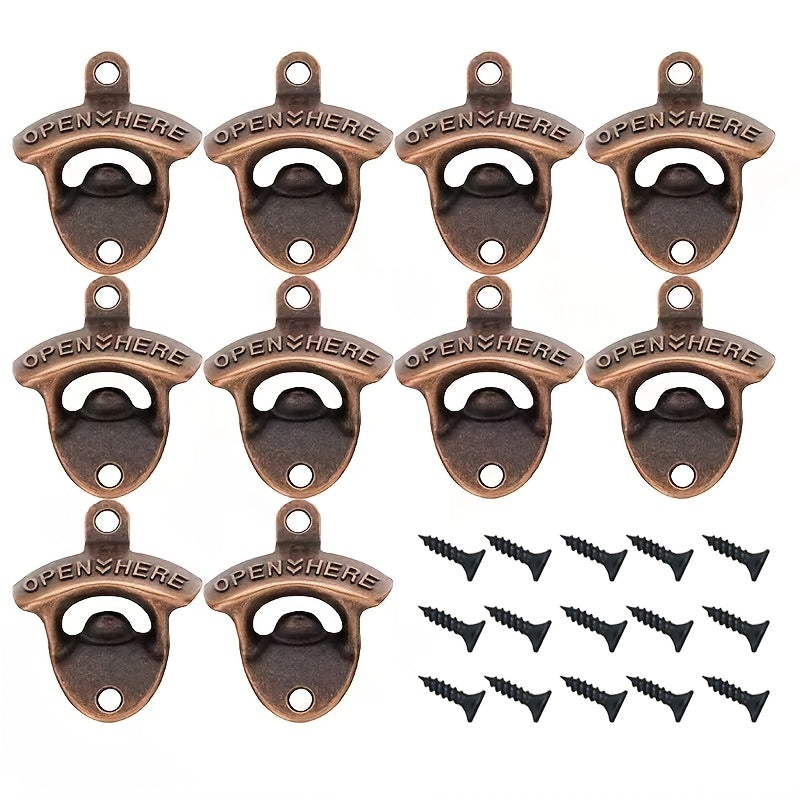 Set of 10 vintage wall-mounted beer bottle openers, ideal for BBQs and kitchen use.