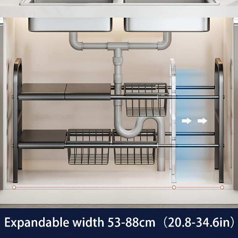 Modern black metal storage rack set with removable baskets for kitchen and bathroom organization. Multi-tier design for efficient space utilization.