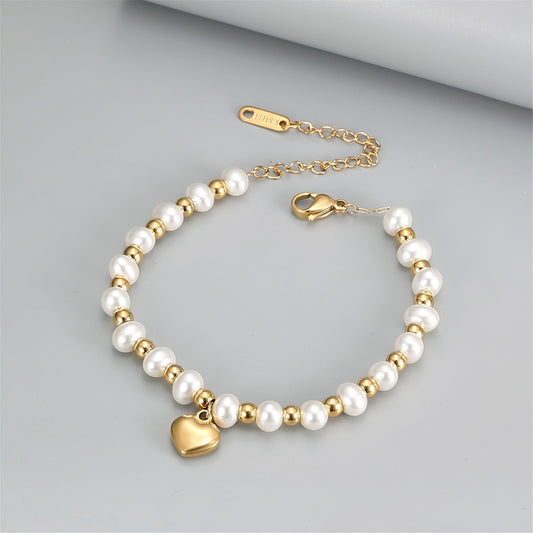 Valentines Day Jewelry Gift: Minimalist Hand Bracelet with Heart-Shaped Pendant and Faux Pearls, Stainless Steel Beads