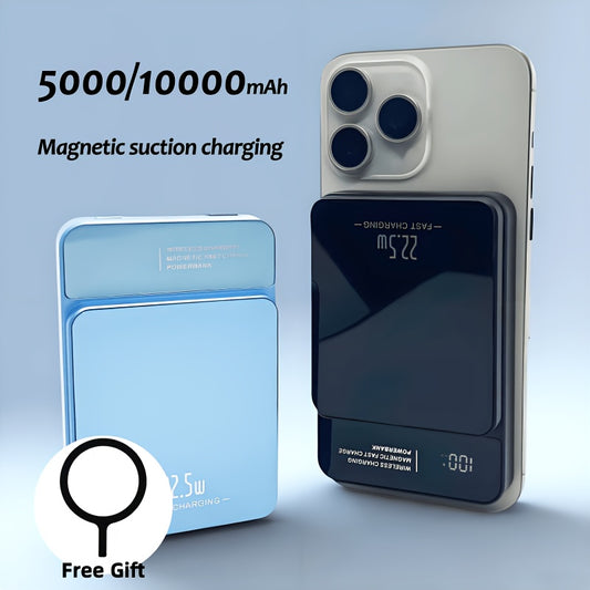 5000/10000mAh real capacity power bank with digital display, magnetic suction for fast charging up to 15W/22.5W.