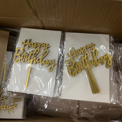 Pack of 10 Happy Birthday acrylic cake toppers for party decor.