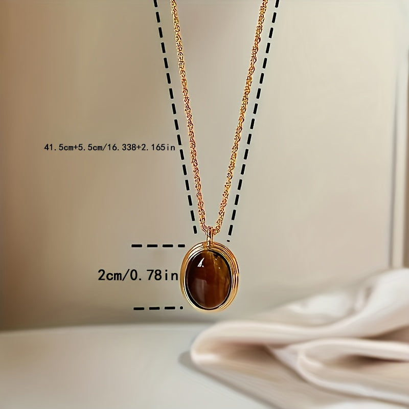 Stylish bohemian oval pendant necklace featuring Tiger Eye stone in a vintage design - Crafted from 18K gold plated titanium steel with a natural stone mosaic. Perfect for daily wear or as a special gift.