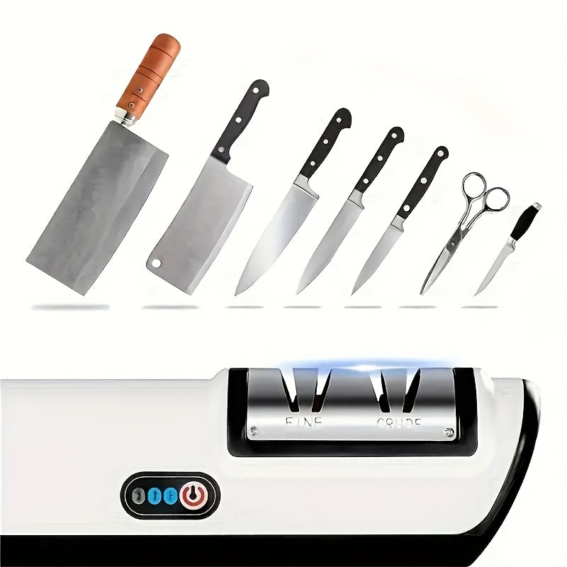 Portable and efficient electric knife sharpener with 2-speed settings. This USB rechargeable kitchen gadget automatically sharpens various knives with its built-in lithium battery. Made of durable ABS material, it is ideal for camping, picnic, and