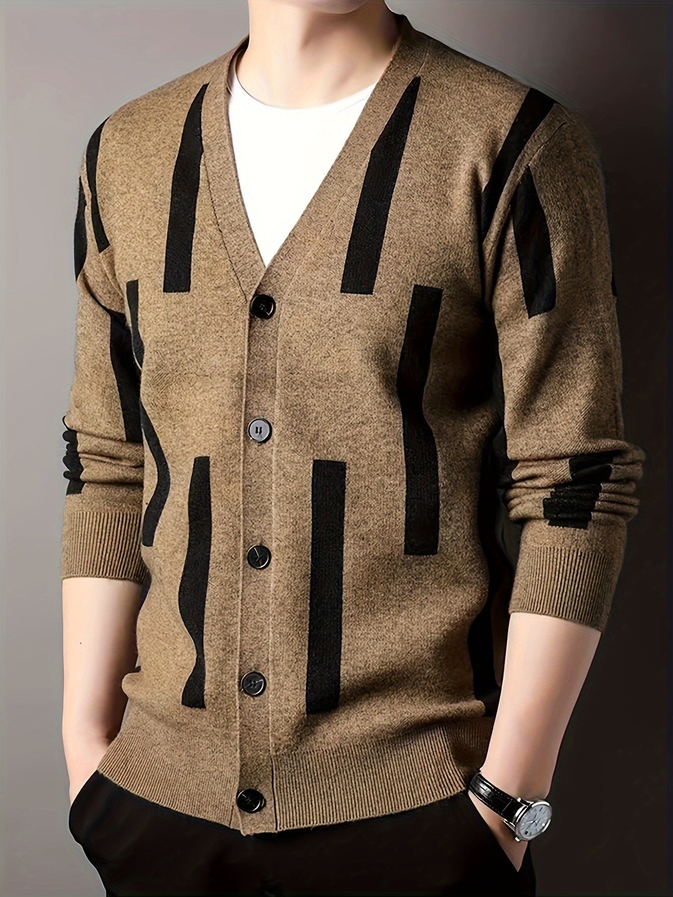 Men's V-Neck Cardigan Sweater in Dark Gray & Navy Blue with Contrast Stripes, Long Sleeve, Button-Up, Soft Cotton Blend, Lightweight, Casual All-Season Wear.