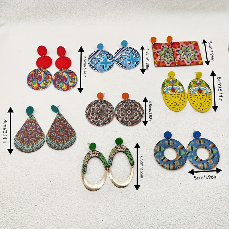 Women's earrings with a retro Bohemian ethnic style, featuring colorful prints on wooden pendants in water drop and geometric shapes.