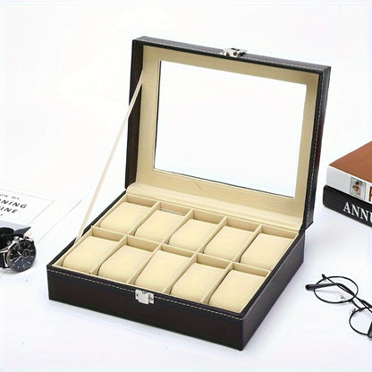 Fashion watch box with 10 slots, PU Leather, clear window, black, rectangular shape, flip-top closure, faux leather interior.