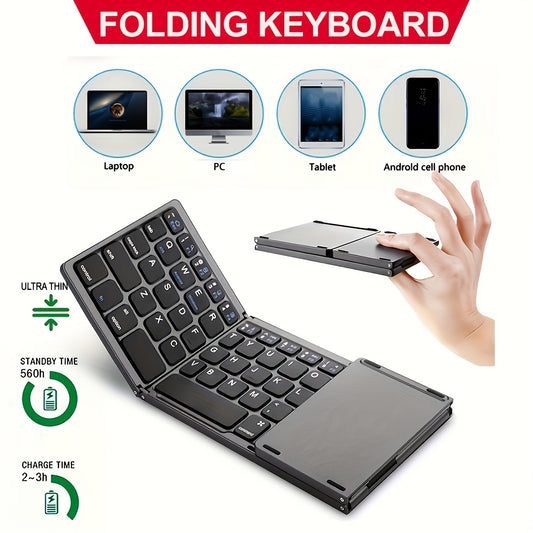 ZYY Portable Wireless Three-Fold Keyboard with Touchpad, Ultra-Thin Design, Rechargeable Lithium Polymer Battery 140mAh, USB Charging, Compatible with Android, iOS, Windows, Mac, with