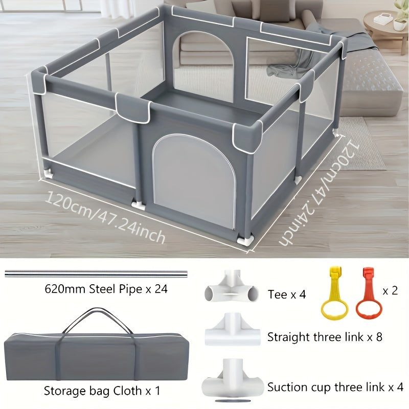 A spacious playpen for babies - a safe indoor playground with a convenient door and pull tab storage bag. Perfect for keeping little ones safe and entertained. Makes a great gift for Christmas, Halloween, or Thanksgiving Day.