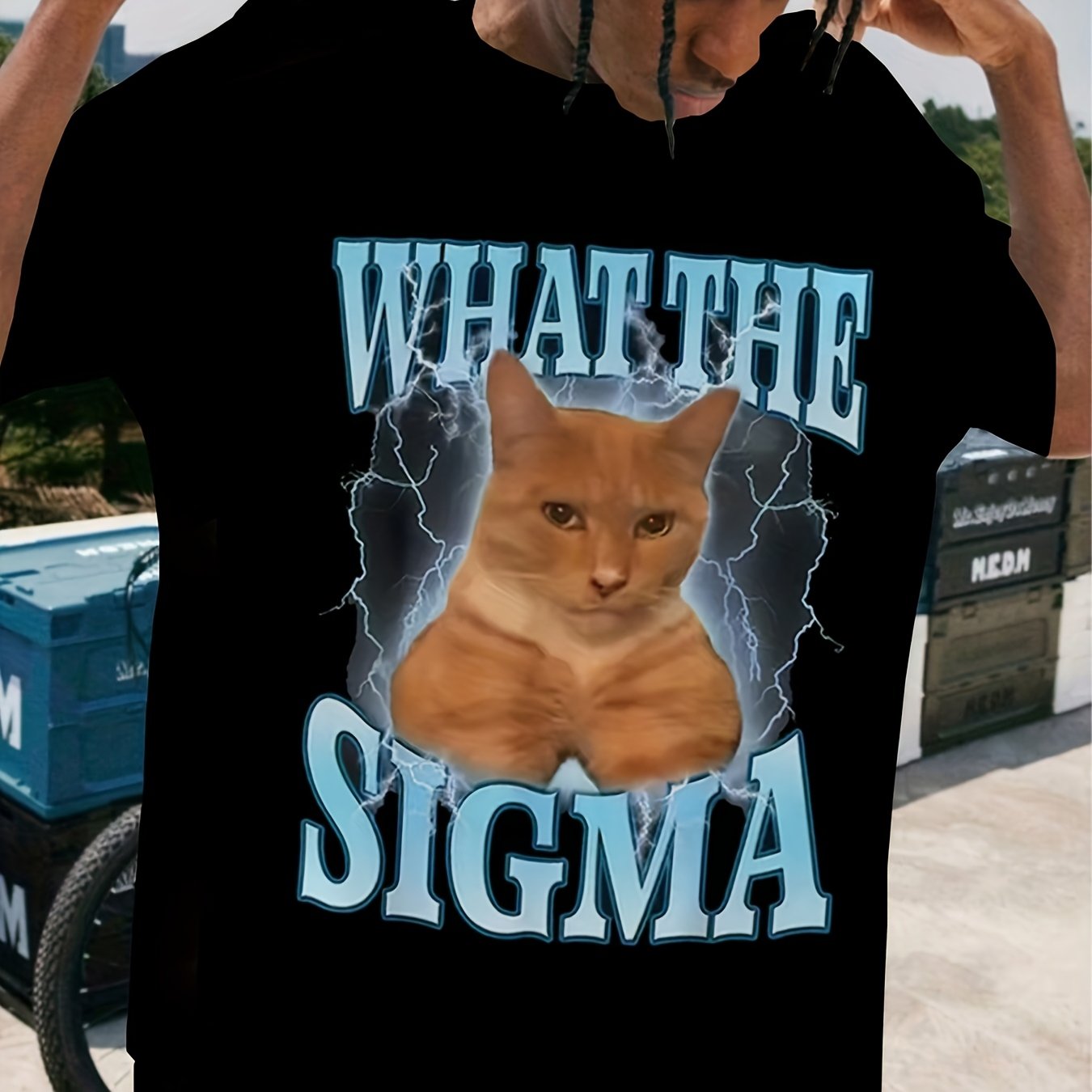 1pc "What The Sigma" Cat Meme Graphic T-Shirt, Unisex Crew Neck Tee, Regular Fit, 95% Polyester 5% Spandex, 150gsm - Adult Size