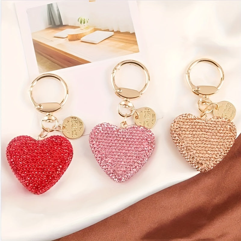 Valentine's Day Gift Set: Heart-Shaped Rhinestone Car Keychain, Resin Love Heart Earphone Case Charm, and Metal Tag Bag Accessory perfect for Women.