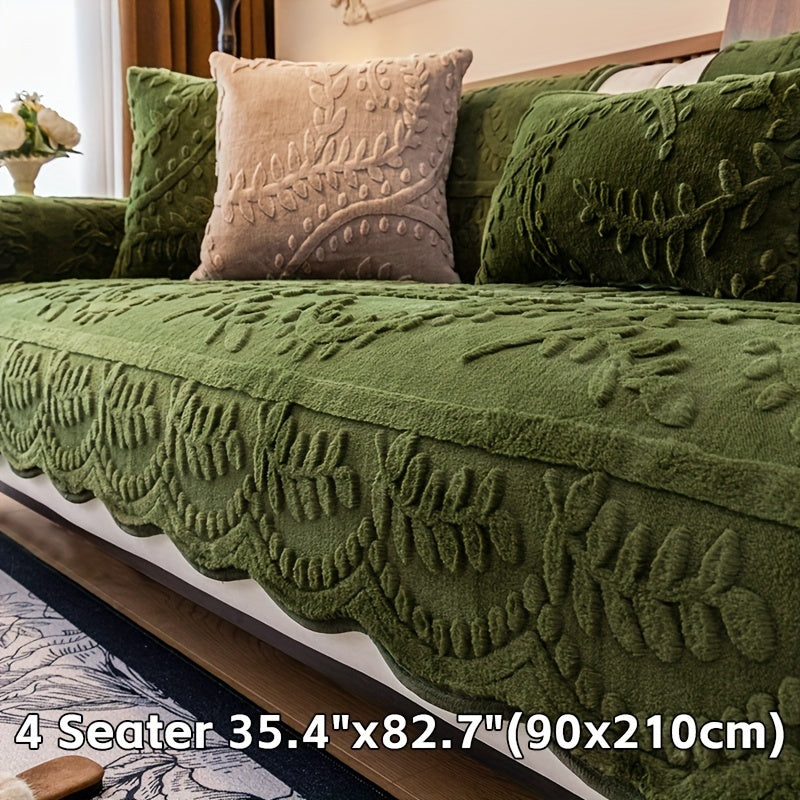 Plush leopard print sofa cover made of thick faux fur, pet-friendly, non-slip, fits various sofa sizes. Perfect for living room, bedroom, or office decor.