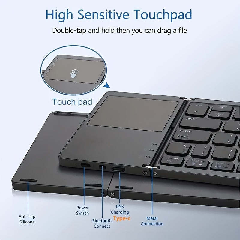 Three-fold touchpad keyboard with comfortable frosting feel, practical touchpad, light weight and thin thickness, compatible with three systems, uses imported wireless chips, easy to carry.